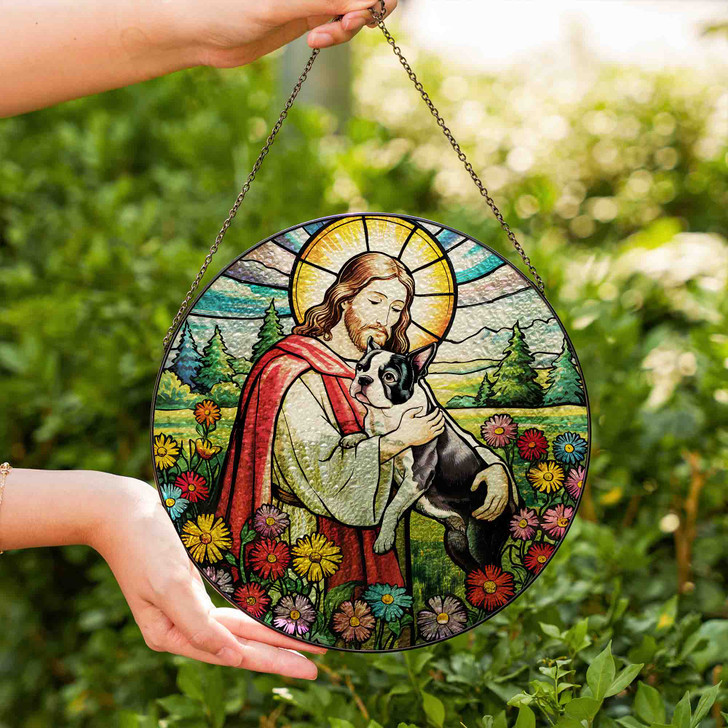 Jesus Holding Boston Terrier Stained Glass Suncatcher – Christian Pet Memorial Window Decor