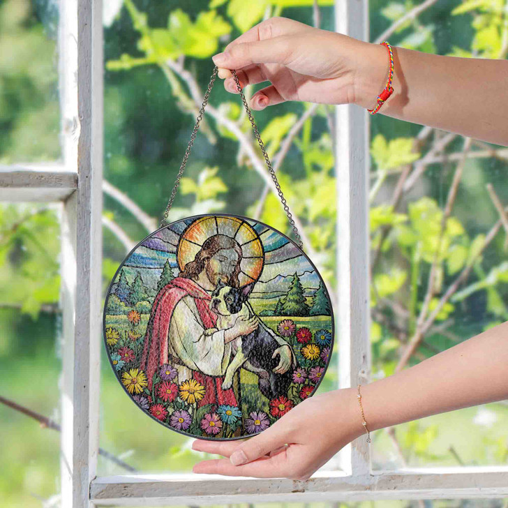 Jesus Holding Boston Terrier Stained Glass Suncatcher – Christian Pet Memorial Window Decor