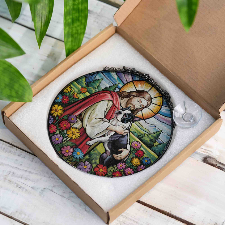 Jesus Holding Boston Terrier Stained Glass Suncatcher – Christian Pet Memorial Window Decor