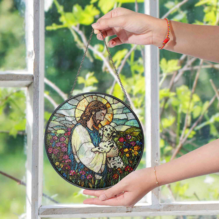 Jesus Holding Dalmatian Stained Glass Suncatcher – Christian Pet Memorial Window Hanging Decor