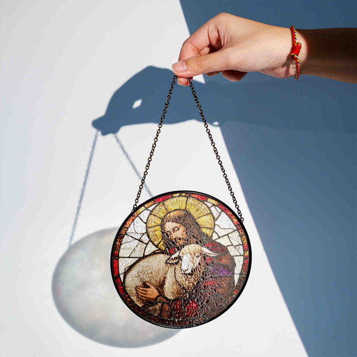 Jesus Holding Lamb Stained Glass Suncatcher – Christian Good Shepherd Window Hanging Decor