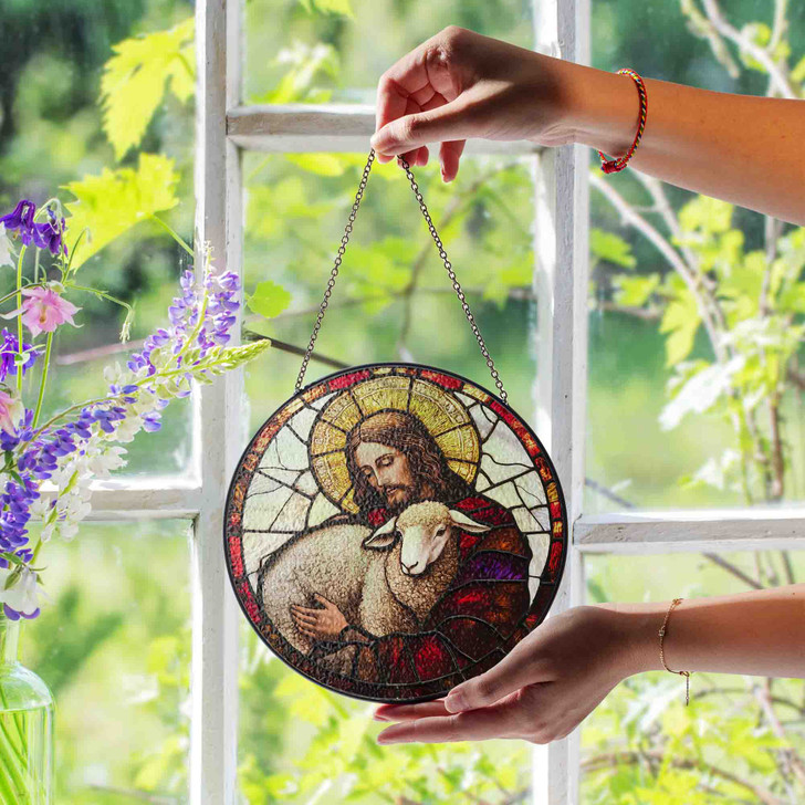 Jesus Holding Lamb Stained Glass Suncatcher – Christian Good Shepherd Window Hanging Decor
