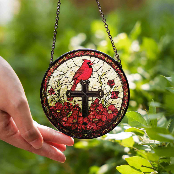 Cardinal Bird and Cross Stained Glass Suncatcher Christian Window Hanging Religious Memorial Gift with Red Flowers