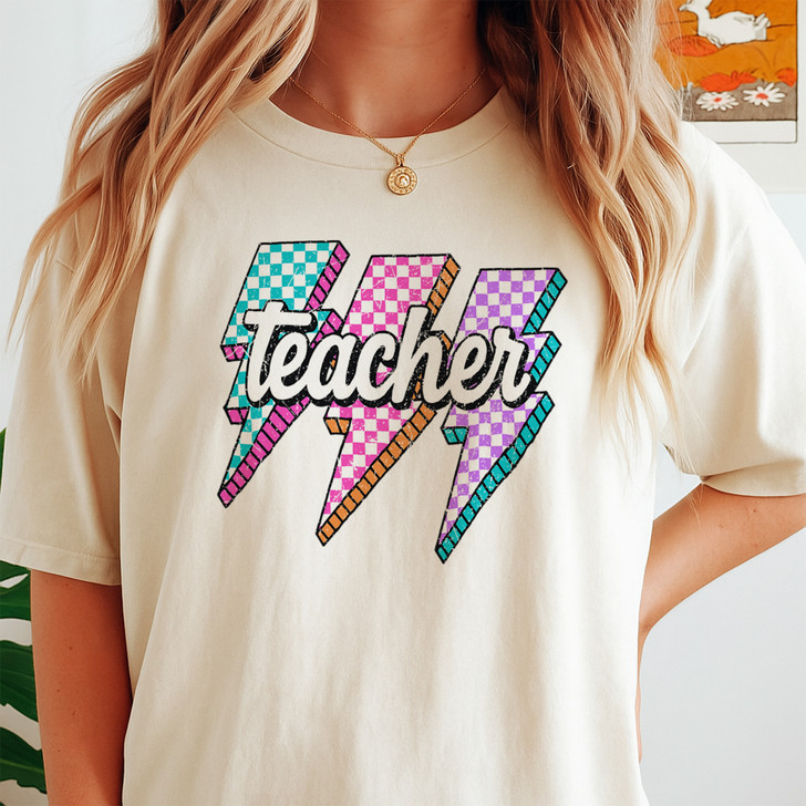 Retro Neon Teacher Shirt, Checkered Back To School Outfit For Adults And Kids T-Shirt