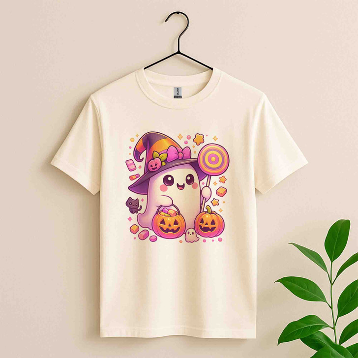 Cute Witch Ghost with Candy and Pumpkins Halloween Shirt for Adults And Kids T-Shirt
