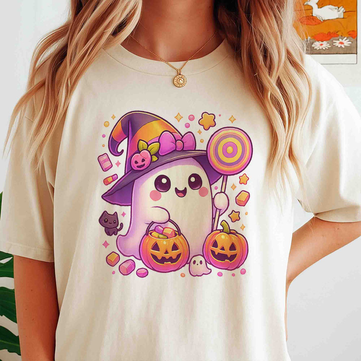 Cute Witch Ghost with Candy and Pumpkins Halloween Shirt for Adults And Kids T-Shirt