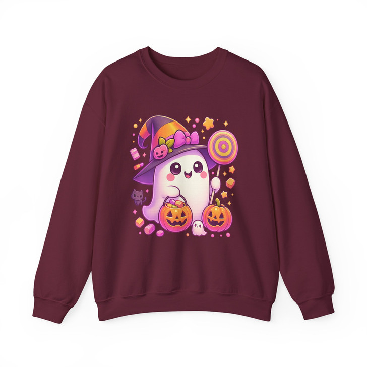 Cute Witch Ghost with Candy and Pumpkins Halloween Shirt for Adults And Kids Sweatshirt