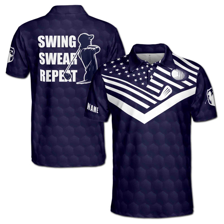Custom Name Swing Swear Repeat Golf Lover Men's Polo Shirt S-5XL