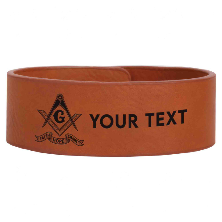Custom Mason Symbol Faith Hope Charity Plus Engraved Leatherette Cuff Wristband