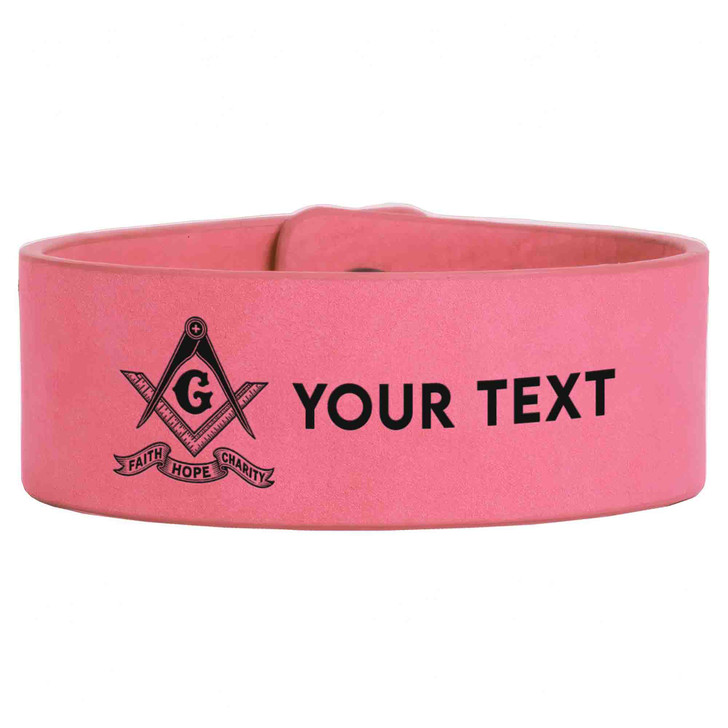 Custom Mason Symbol Faith Hope Charity Plus Engraved Leatherette Cuff Wristband