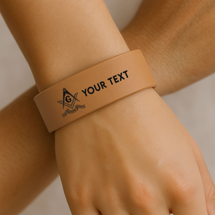 Custom Mason Symbol Faith Hope Charity Plus Engraved Leatherette Cuff Wristband