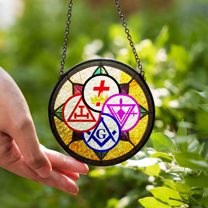 York Rite Symbols Freemason Mosaic Pattern Colorful Stained Glass Suncatcher