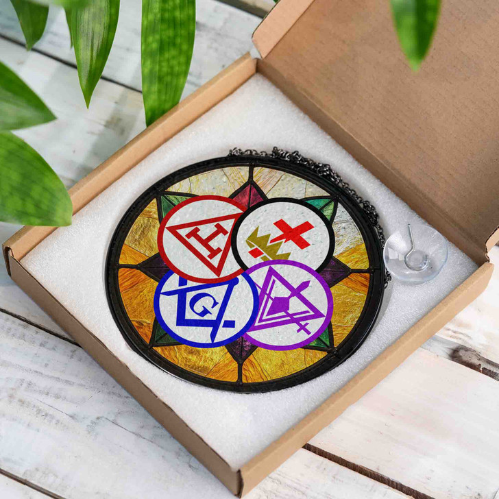York Rite Symbols Freemason Mosaic Pattern Colorful Stained Glass Suncatcher