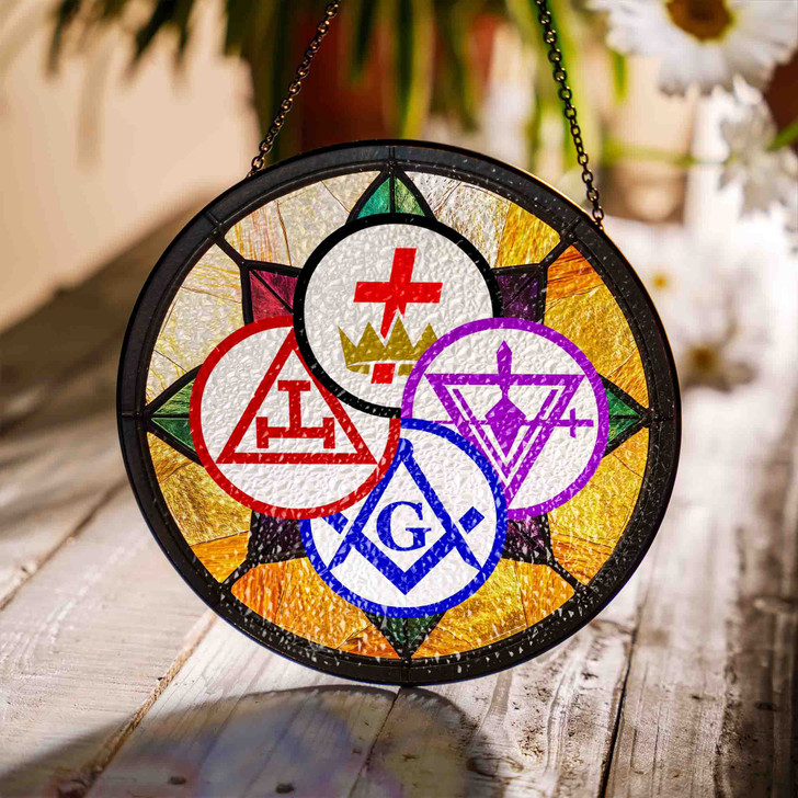 York Rite Symbols Freemason Mosaic Pattern Colorful Stained Glass Suncatcher