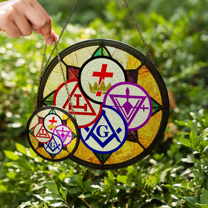 York Rite Symbols Freemason Mosaic Pattern Colorful Stained Glass Suncatcher