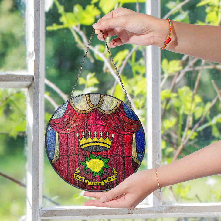 Freemason Curtain And Rose of The Seven Seals Symbol Red Stained Glass Suncatcher