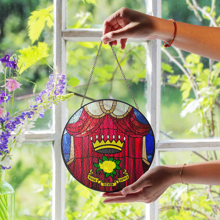 Freemason Curtain And Rose of The Seven Seals Symbol Red Stained Glass Suncatcher