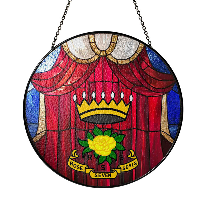 Freemason Curtain And Rose of The Seven Seals Symbol Red Stained Glass Suncatcher