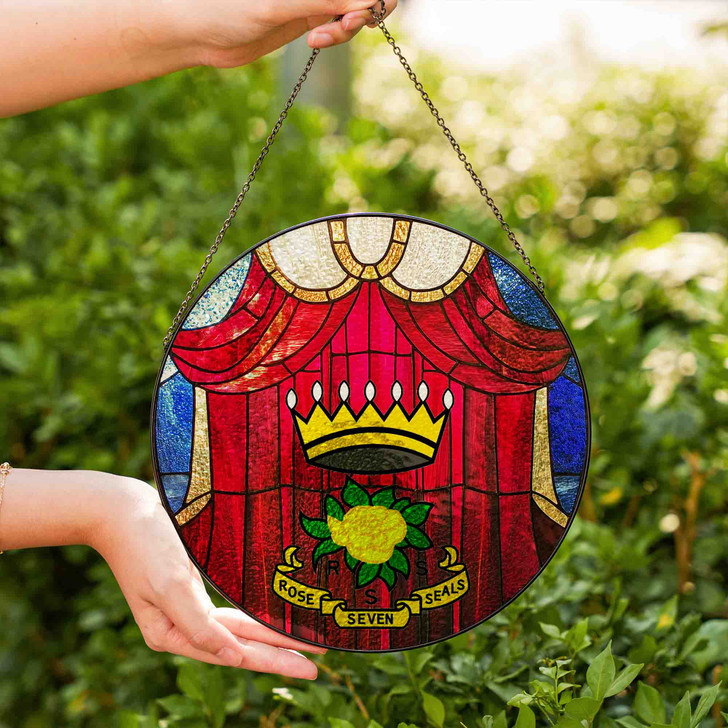 Freemason Curtain And Rose of The Seven Seals Symbol Red Stained Glass Suncatcher