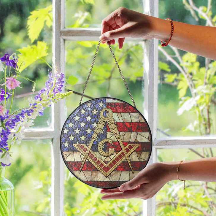 Masonic Symbol With American Flag America Colors Stained Glass Suncatcher, Freemason Lodge Gift