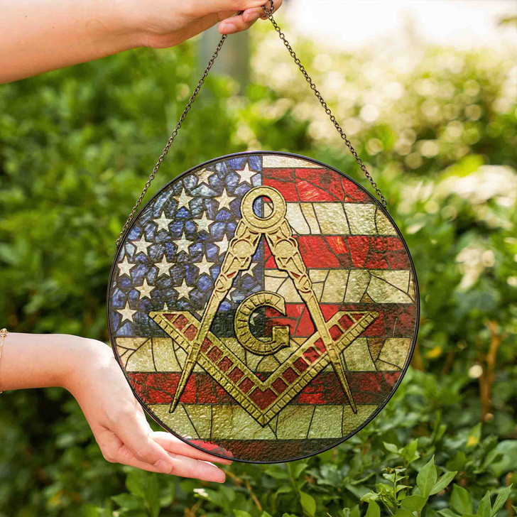 Masonic Symbol With American Flag America Colors Stained Glass Suncatcher, Freemason Lodge Gift