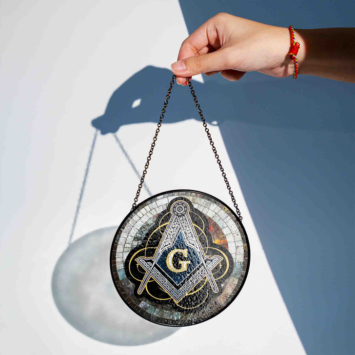 Masonic Symbol And Freemason Mosaic Stone Pattern, Silver Stained Glass Suncatcher, Freemason Lodge Gift