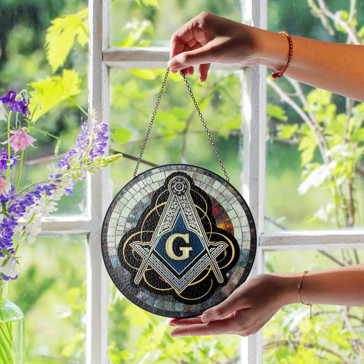 Masonic Symbol And Freemason Mosaic Stone Pattern, Silver Stained Glass Suncatcher, Freemason Lodge Gift