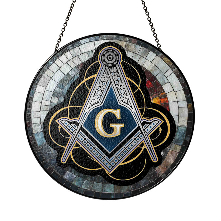 Masonic Symbol And Freemason Mosaic Stone Pattern, Silver Stained Glass Suncatcher, Freemason Lodge Gift