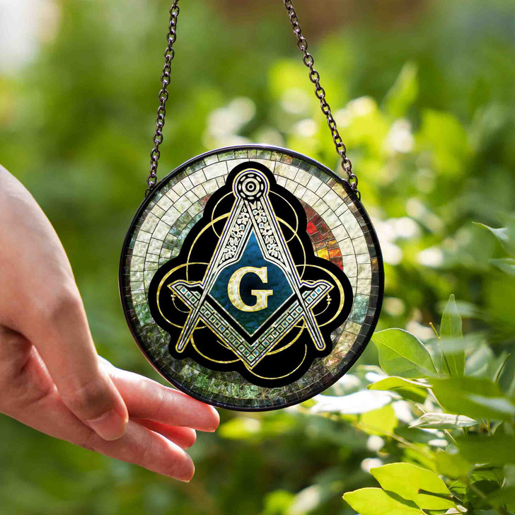 Masonic Symbol And Freemason Mosaic Stone Pattern, Silver Stained Glass Suncatcher, Freemason Lodge Gift