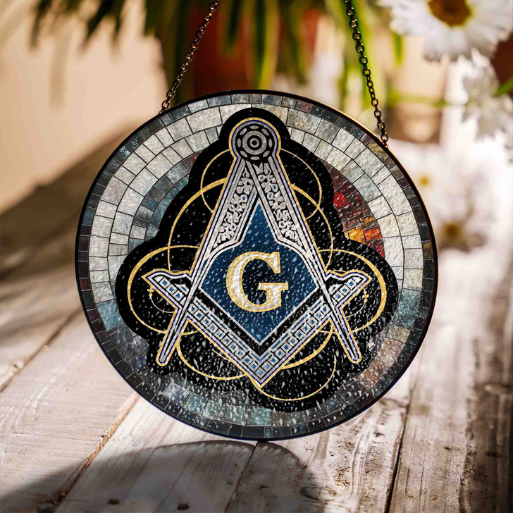 Masonic Symbol And Freemason Mosaic Stone Pattern, Silver Stained Glass Suncatcher, Freemason Lodge Gift