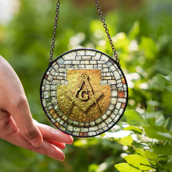 Masonic Symbol Freemasonry Stone Window Gray Stained Glass Suncatcher