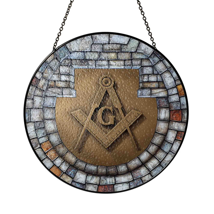 Masonic Symbol Freemasonry Stone Window Gray Stained Glass Suncatcher