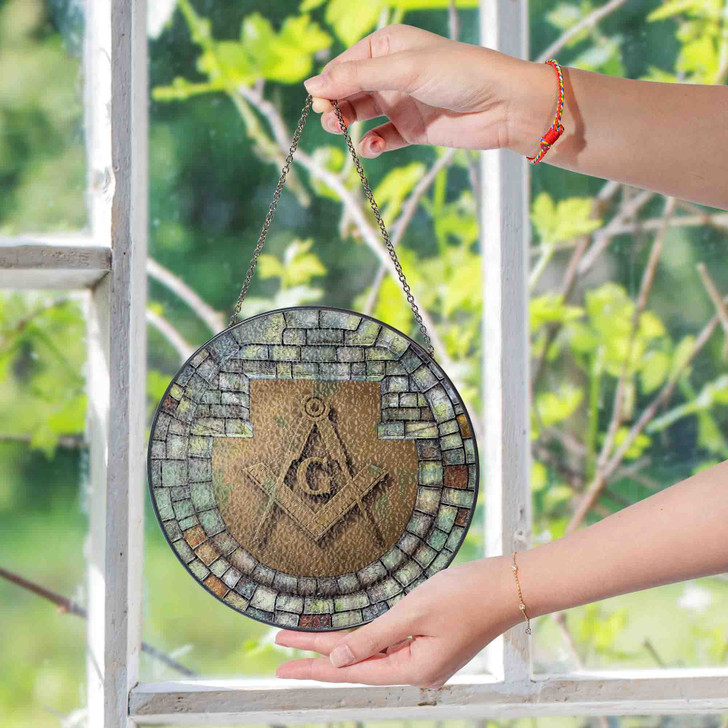 Masonic Symbol Freemasonry Stone Window Gray Stained Glass Suncatcher