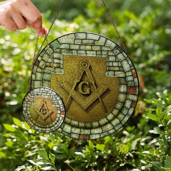 Masonic Symbol Freemasonry Stone Window Gray Stained Glass Suncatcher