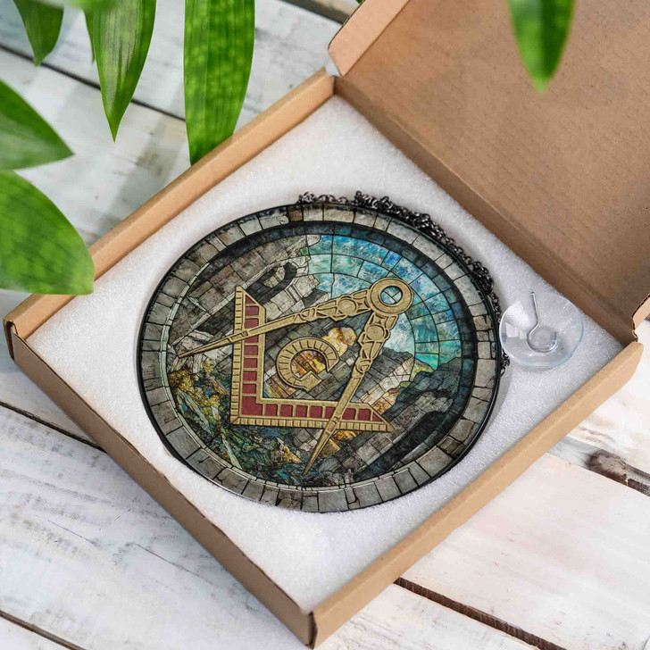 Freemason Symbol Stone Ruins Gray Stained Glass Masonic Suncatcher