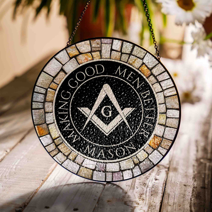 Freemason Symbol Stone Circle Gray Black Stained Glass Suncatcher