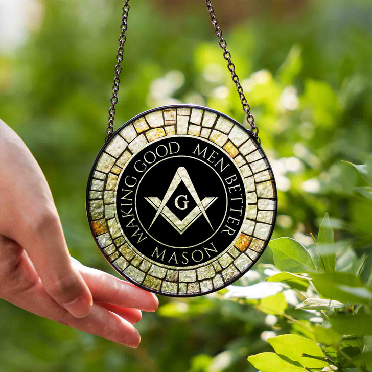 Freemason Symbol Stone Circle Gray Black Stained Glass Suncatcher