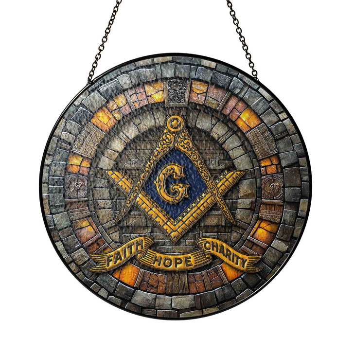 Masonic Symbol Faith Hope Charity Stone Temple Gray Gold Stained Glass Suncatcher