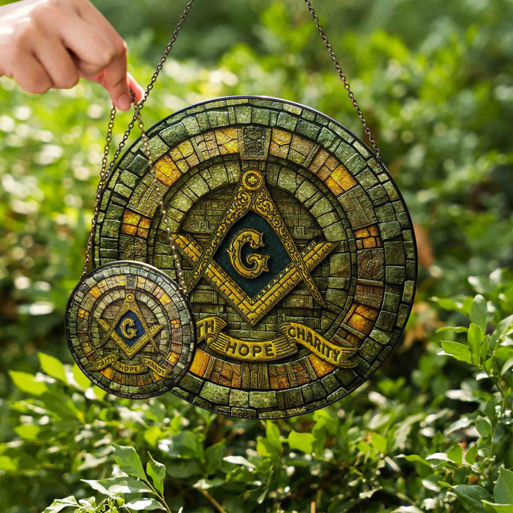 Masonic Symbol Faith Hope Charity Stone Temple Gray Gold Stained Glass Suncatcher