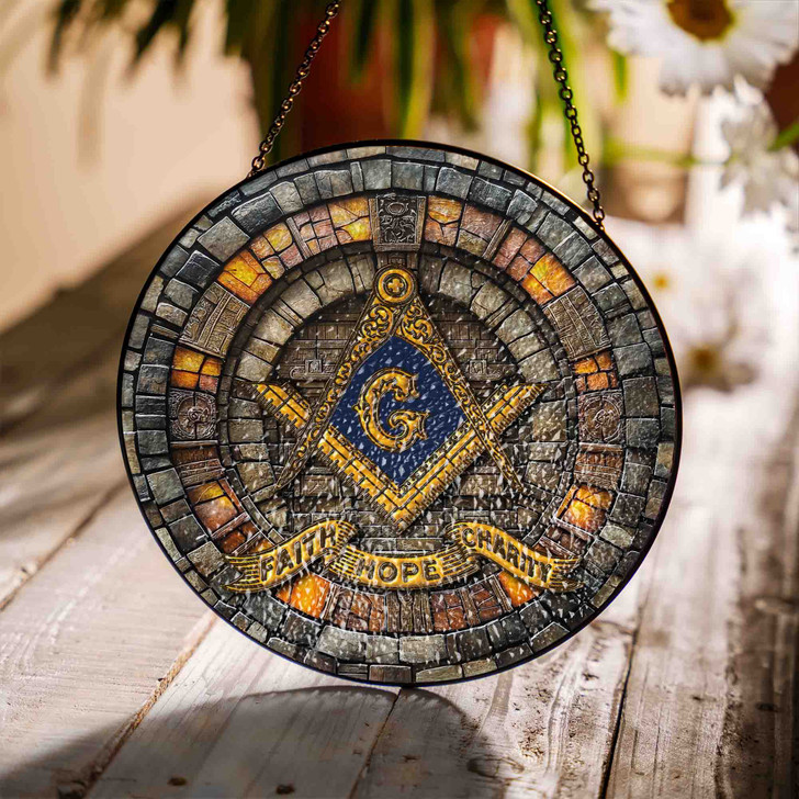 Masonic Symbol Faith Hope Charity Stone Temple Gray Gold Stained Glass Suncatcher