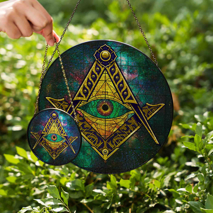 All Seeing Eye Galaxy Gold Blue Masonic Stained Glass Suncatcher