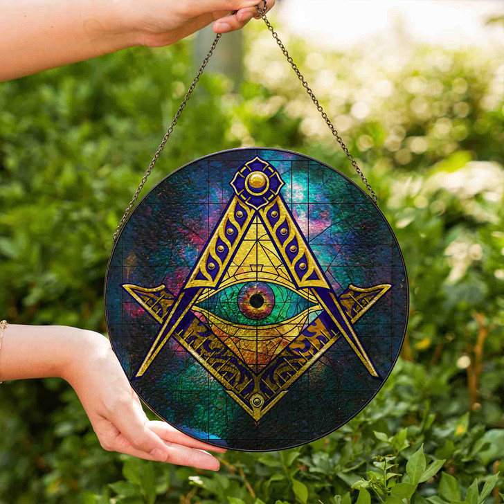 All Seeing Eye Galaxy Gold Blue Masonic Stained Glass Suncatcher