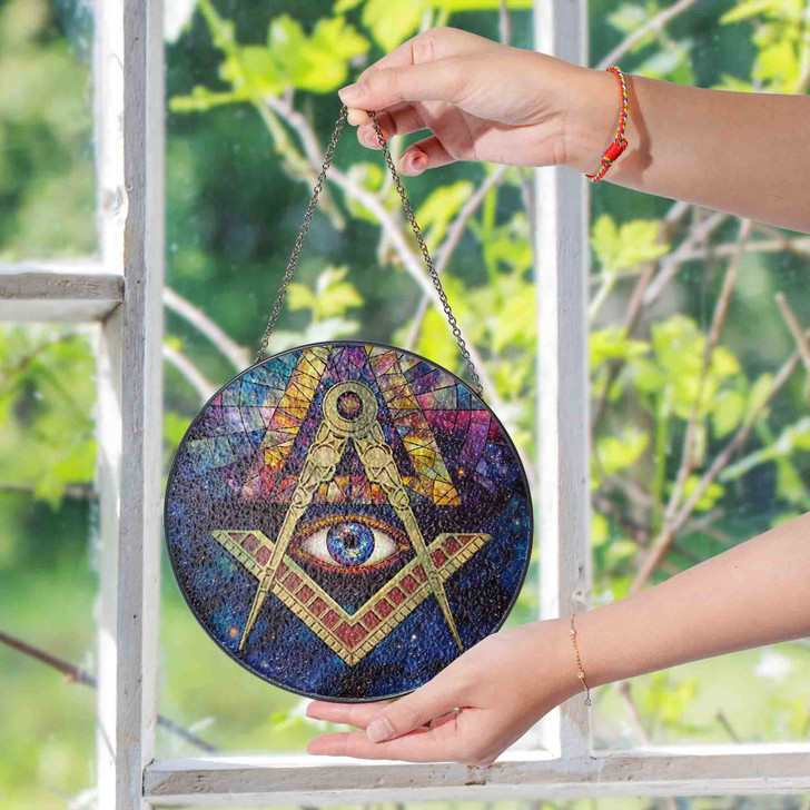 Masonic Symbol Freemasonry Triangle Galaxy All Seeing Eye Colorful Stained Glass Suncatcher
