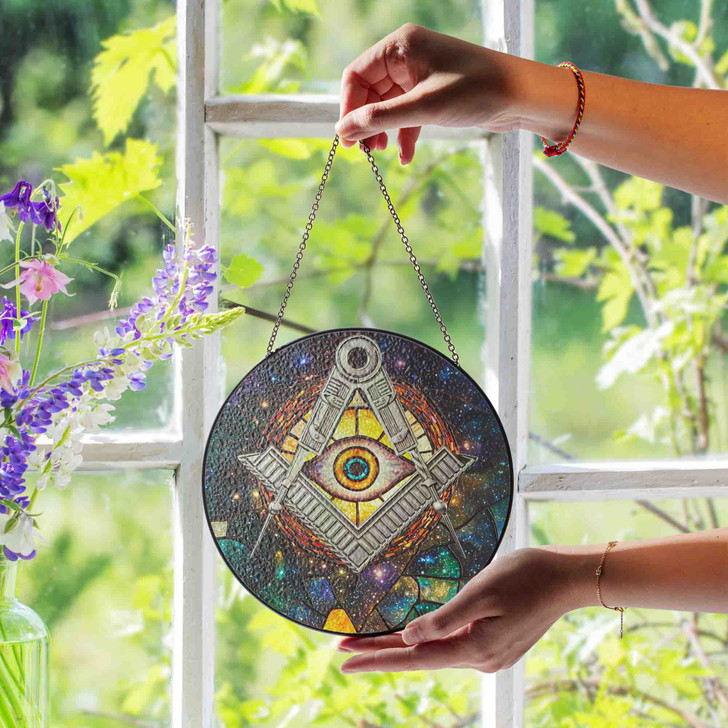 Masonic Symbol Freemasonry Sun Galaxy All Seeing Eye Colorful Stained Glass Suncatcher