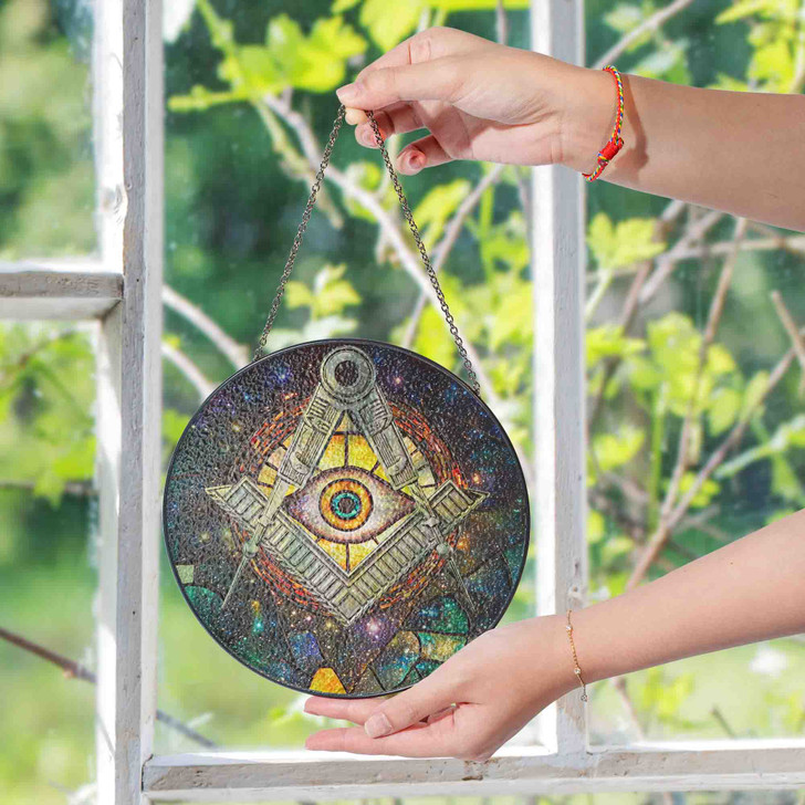 Masonic Symbol Freemasonry Sun Galaxy All Seeing Eye Colorful Stained Glass Suncatcher