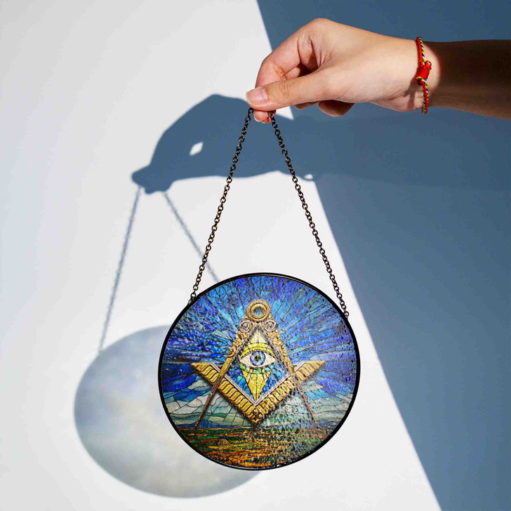 Masonic Symbol Freemasonry Earth And Sky All Seeing Eye Blue Brown Stained Glass Suncatcher