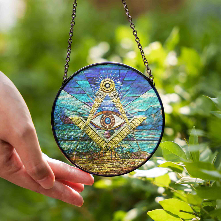 Masonic Symbol Freemasonry Sky Desert Pyramid All Seeing Eye Sand Blue Stained Glass Suncatcher