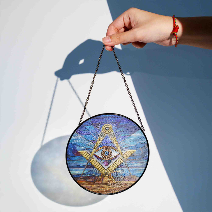 Masonic Symbol Freemasonry Sky Desert Pyramid All Seeing Eye Sand Blue Stained Glass Suncatcher