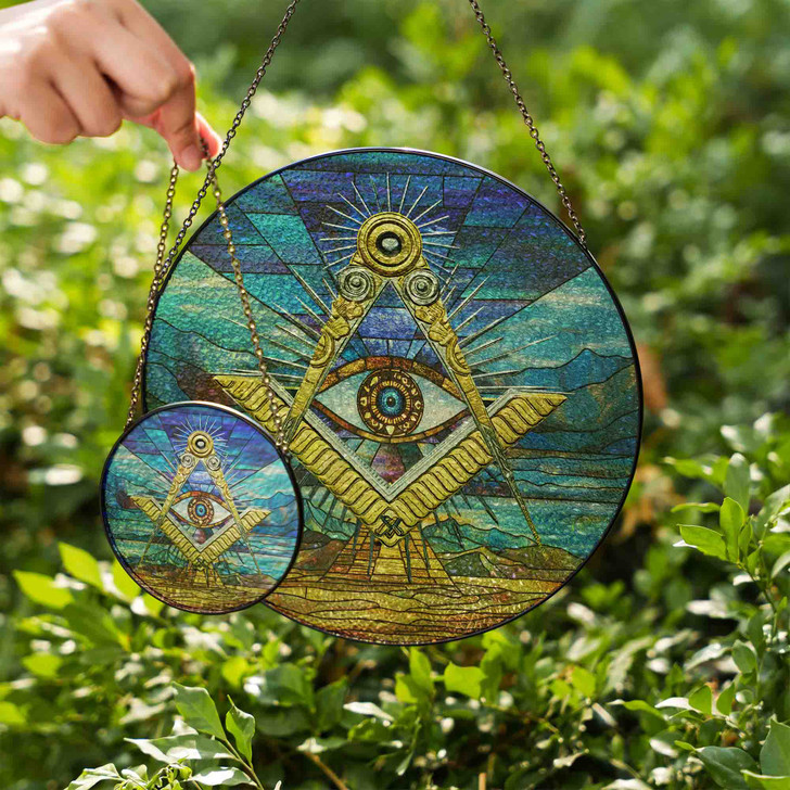 Masonic Symbol Freemasonry Sky Desert Pyramid All Seeing Eye Sand Blue Stained Glass Suncatcher