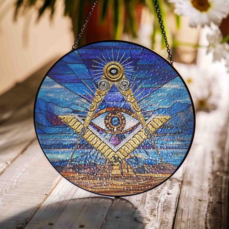 Masonic Symbol Freemasonry Sky Desert Pyramid All Seeing Eye Sand Blue Stained Glass Suncatcher